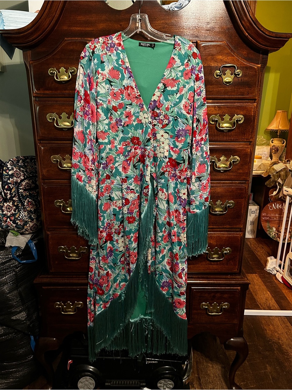 Nasty Gal Teal Floral Fringe Wrap Dress